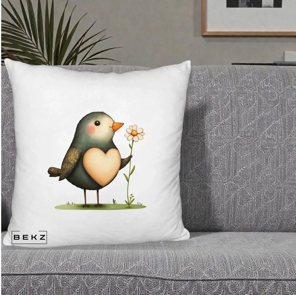 Perna Decorativa Pasare cu Inima si Margareta, 40x40 cm, Alb Pufos, Husa Detasabila, Perna Inclusa, BEKZ®