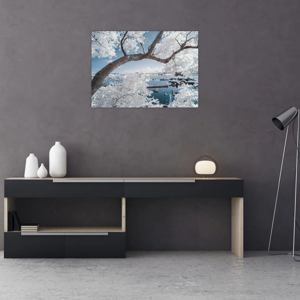 Tablou pe sticlă cu copac înzăpezit lângă apă (70x50 cm)