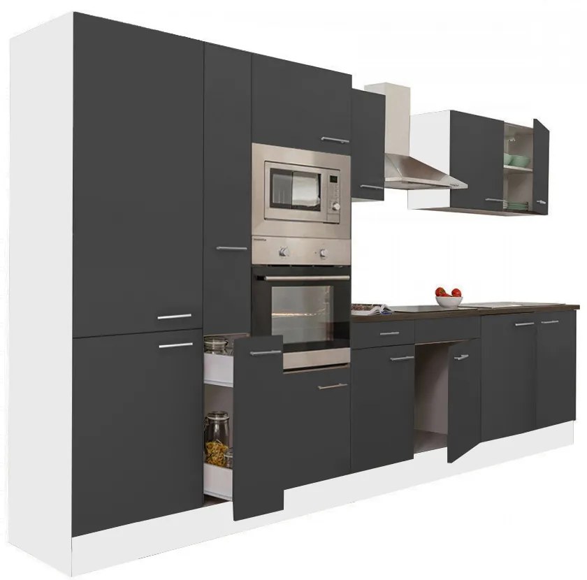 Mobilă de bucătărie Yorki 360, corp alb, față antracit satinat, cu dulap cu raft