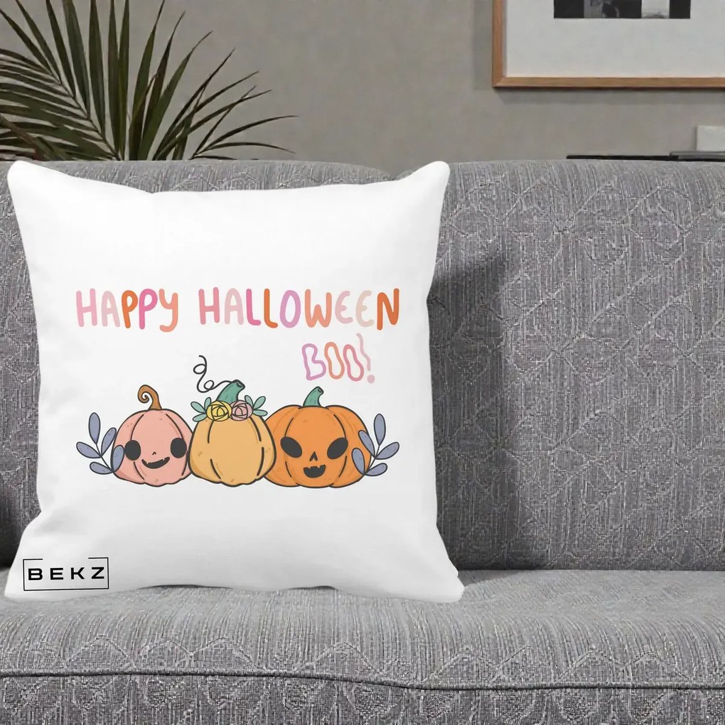 Perna Decorativa Happy Halloween Boo Trei Dovlecei Kawaii, 40x40 cm, Alba Mata, Husa Detasabila, Perna Inclusa, BEKZ®