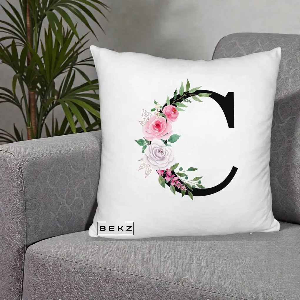 Cadou Personalizat - Perna Personalizata Monograma Florala Litera C, 40x40 cm, Alb Pufos, Husa Detasabila, Perna Inclusa, BEKZ®