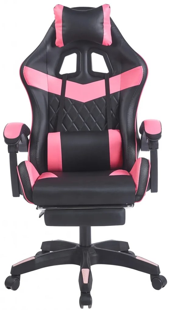 Scaun gaming, sistem iluminare bandă LED RGB, masaj în perna lombară, suport picioare, Negru/Roz