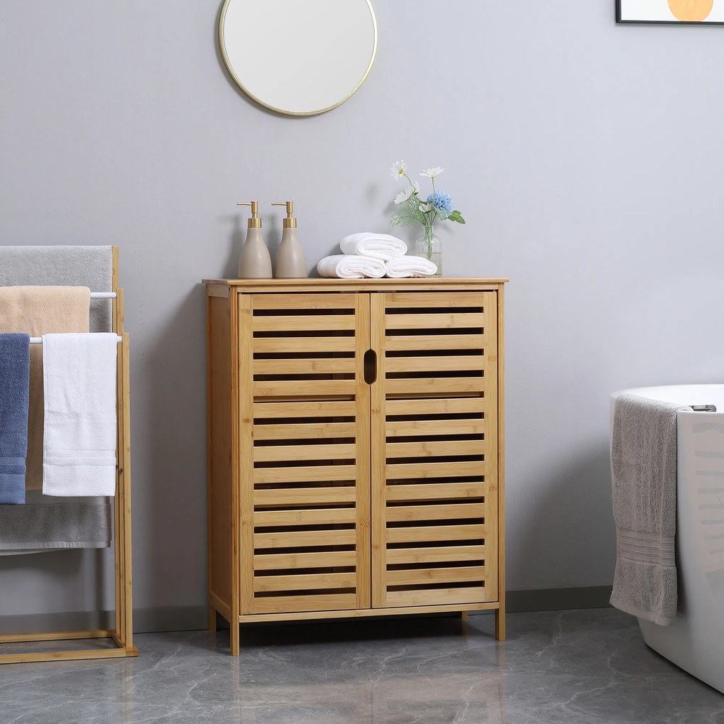 kleankin Dulap baie cu doua usi si 2 rafturi de depozitare, din bambus, natural | Aosom Romania