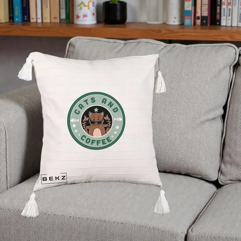 Perna Personalizata Cats and Coffee Starbucks, 40x40 cm, Bej cu Franjuri, Husa Detasabila, Perna Inclusa, BEKZ®