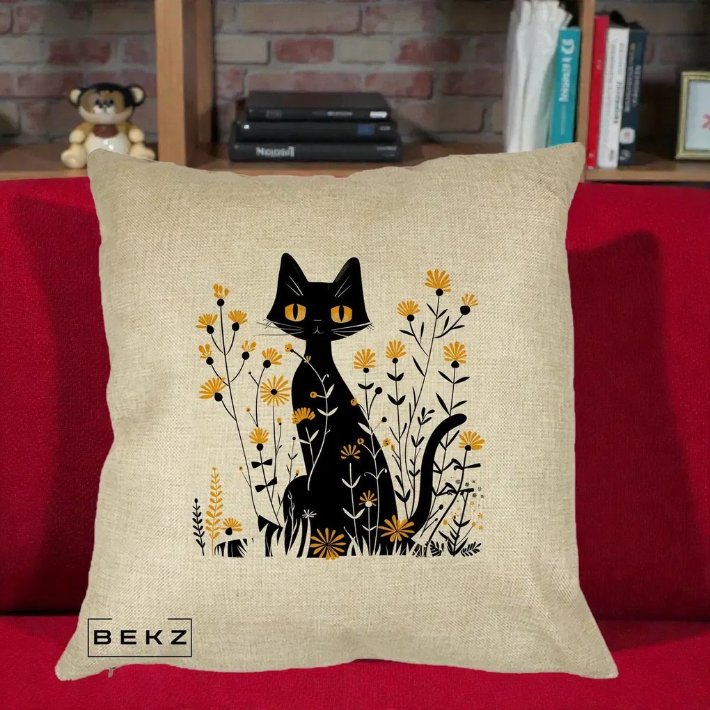 Perna Decorativa Pisica Neagra Ochi Galbeni Flori Galbene, 40x40 cm, Crem, Husa Detasabila, Perna Inclusa, BEKZ®