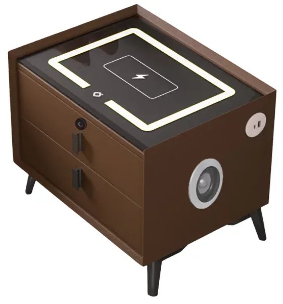 Noptieră inteligentă cu &icirc;ncărcare wireless, iluminare LED, difuzor Bluetooth, port USB și Type-C &ndash; culoare maro, 2 sertare, design modern din sticlă și lemn