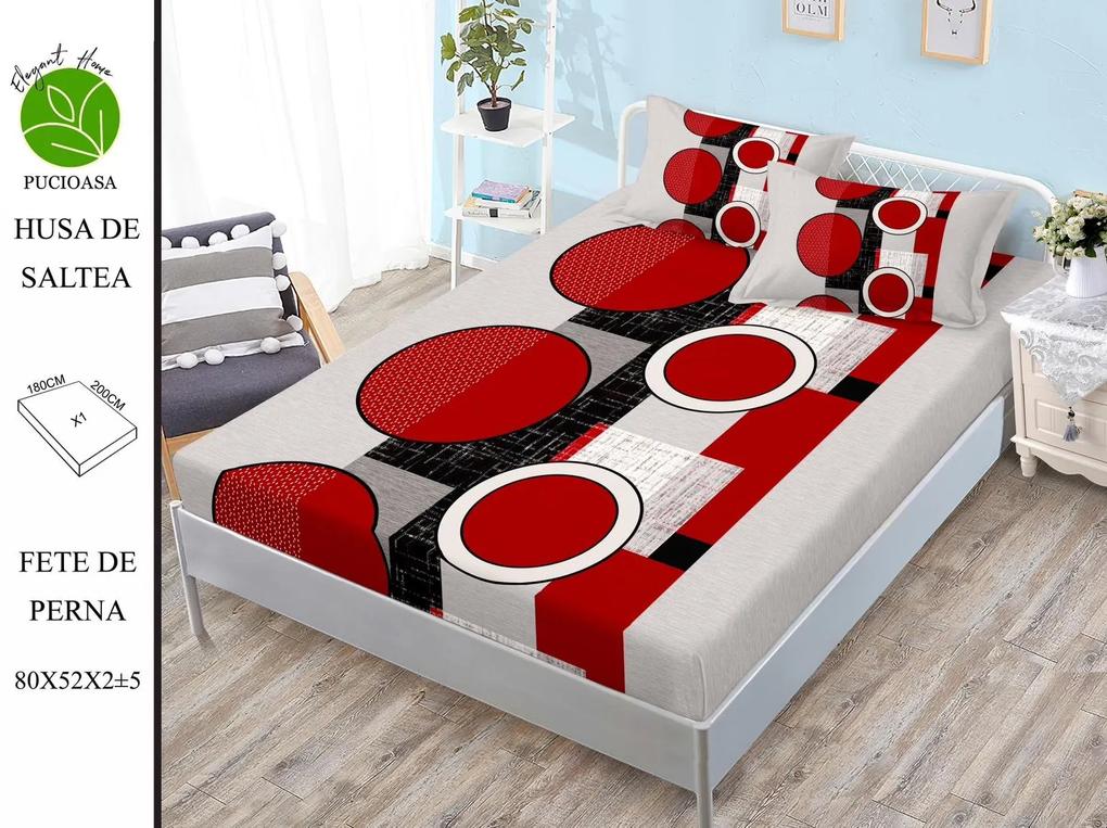 Husa de pat cu elastic 180x200 din Bumbac Finet + 2 Fete de Perna - Buline Rosii