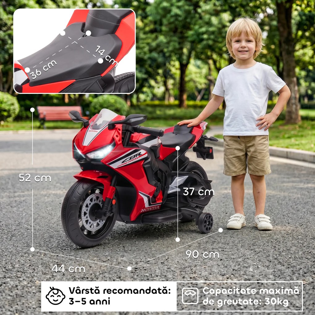 HOMCOM Motocicleta Electrică Copii 6V pentru Copii 3-5 Ani - 30 kg, 3 km/h, Roți și Muzică, 90x44x52 cm, Roșie | Aosom Romania