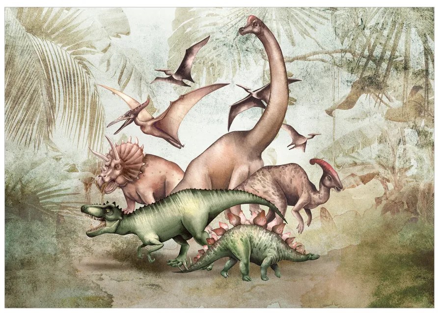 Fototapet - Dinozauri pentru cei mici - Triceratops, Tyranozaur și Stegozaur