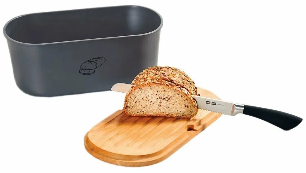 Cutie de pâine Kesper 85093 cu placă de tăiat,gri, 34 x 14 x 18 cm
