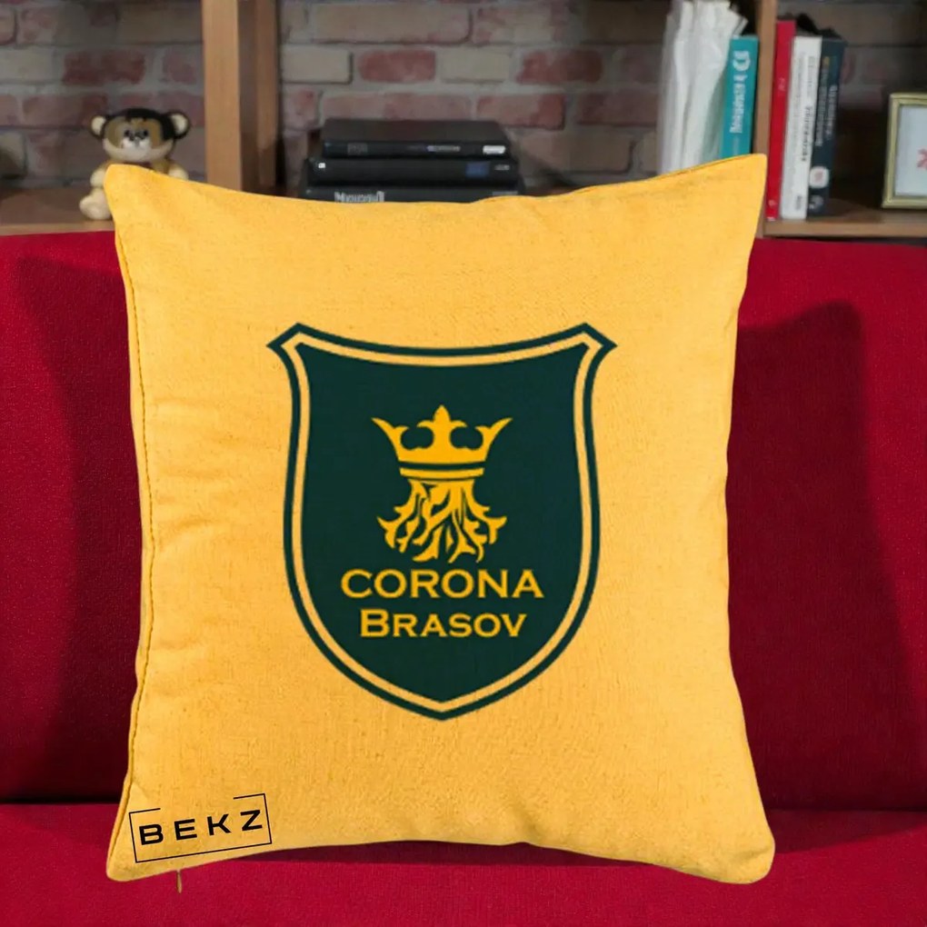 Perna Personalizata Corona Brasov Fotbal, 40x40 cm, Galben, Husa Detasabila, Perna Inclusa, BEKZ®