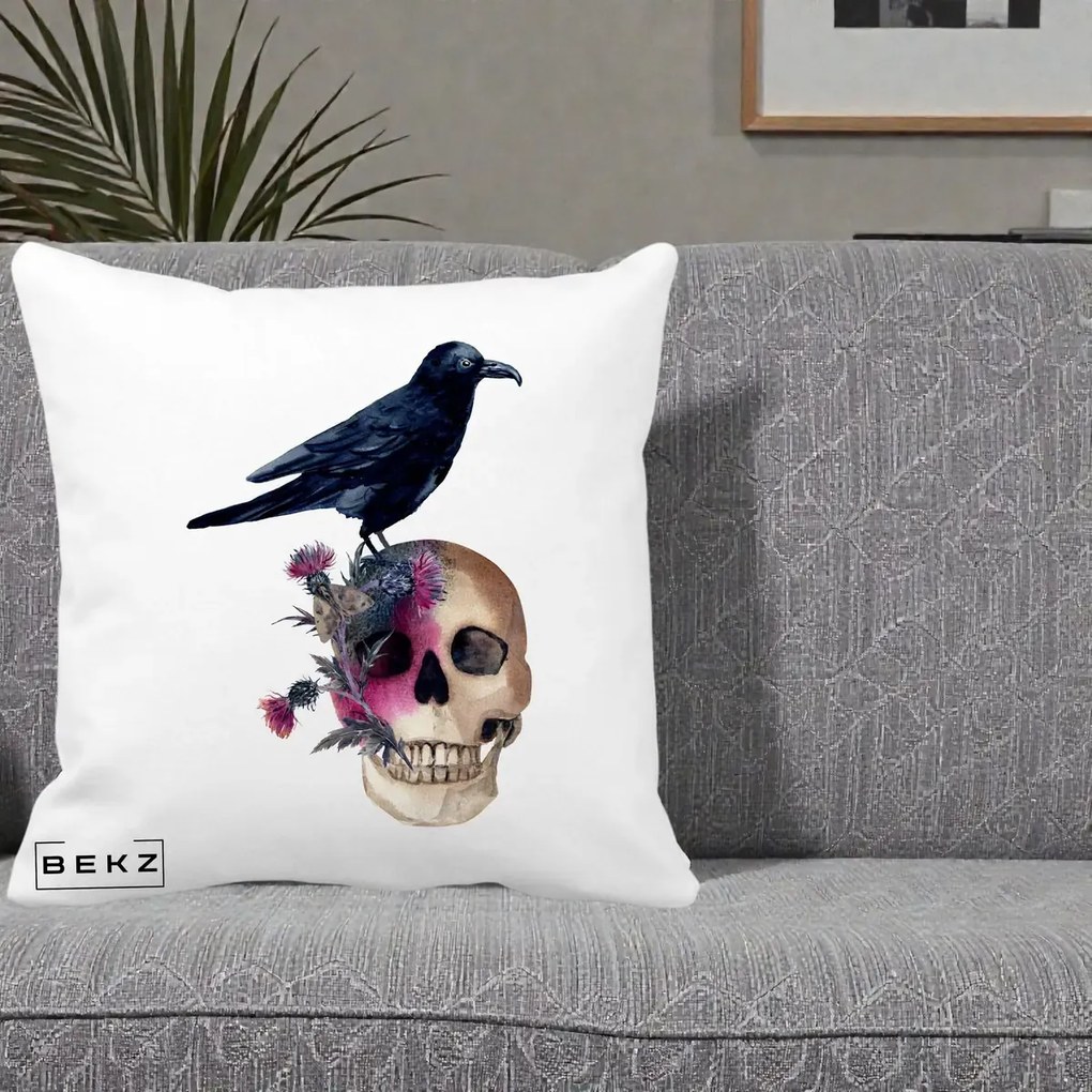 Perna Decorativa Craniu cu Corb si Flori Gothic, 40x40 cm, Alba Mata, Husa Detasabila, Perna Inclusa, BEKZ®