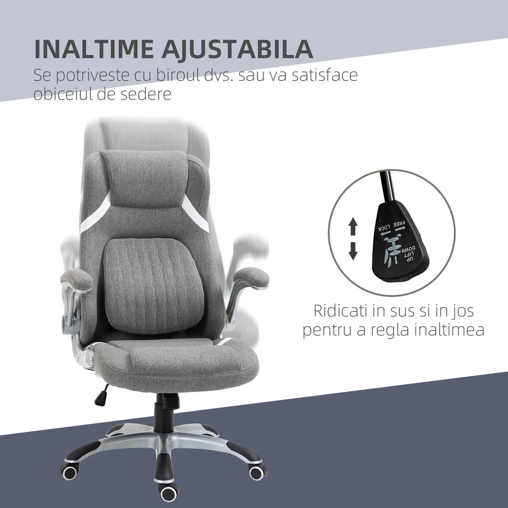 Scaun de Birou Vinsetto Ergonomic din Țesătură Efect In, cu Spumă de Cauciuc și Cadru din Oțel, Înălțime Reglabilă, 68x76x109-117cm, Gri | Aosom România