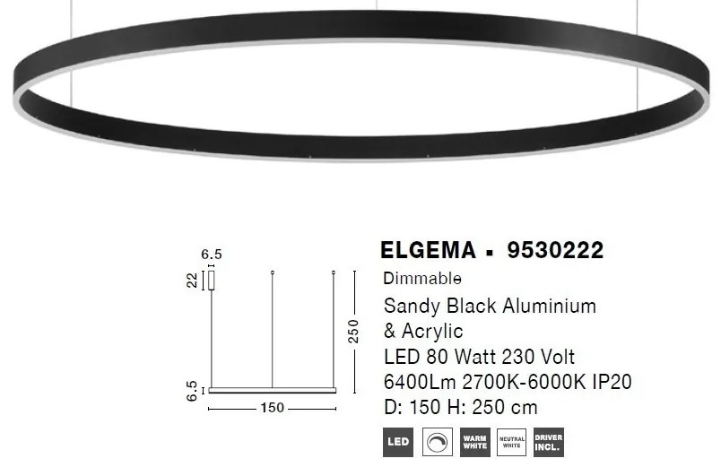 Lustra LED XXL dimabila design circular ELGEMA CCT 150cm
