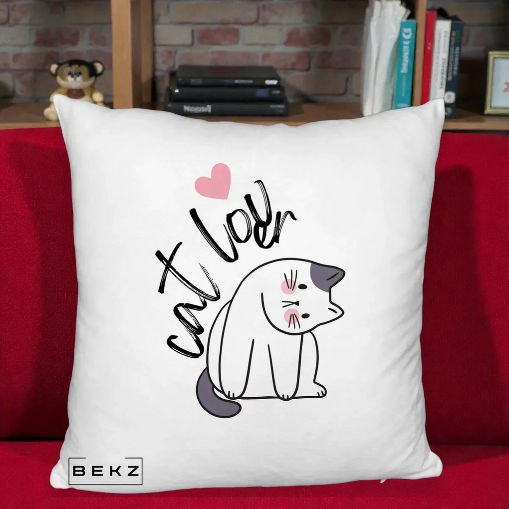 Perna Personalizata Cat Lover Pisica Ilustratie Linie, 40x40 cm, Alb Pufos, Husa Detasabila, Perna Inclusa, BEKZ®