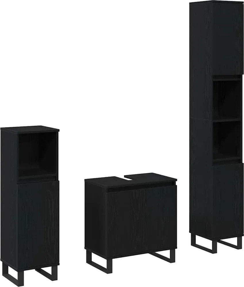 vidaXL Set de mobilier pentru baie Pe perete cu ușă 3 pcs Stejar Negru