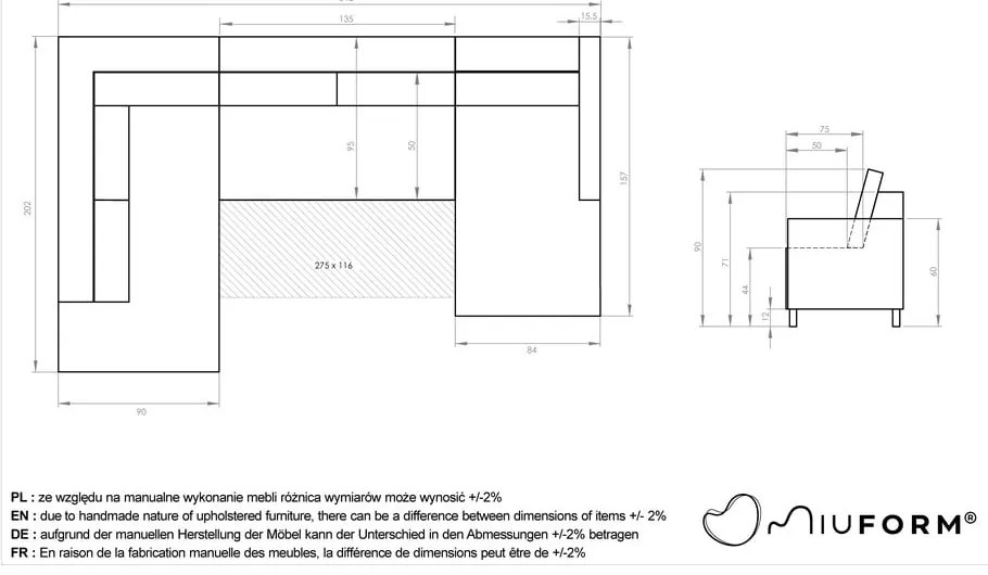 Canapea extensibilă în formă de "U" cu șezlong pe partea stângă Miuform Scandic Lagom, bej