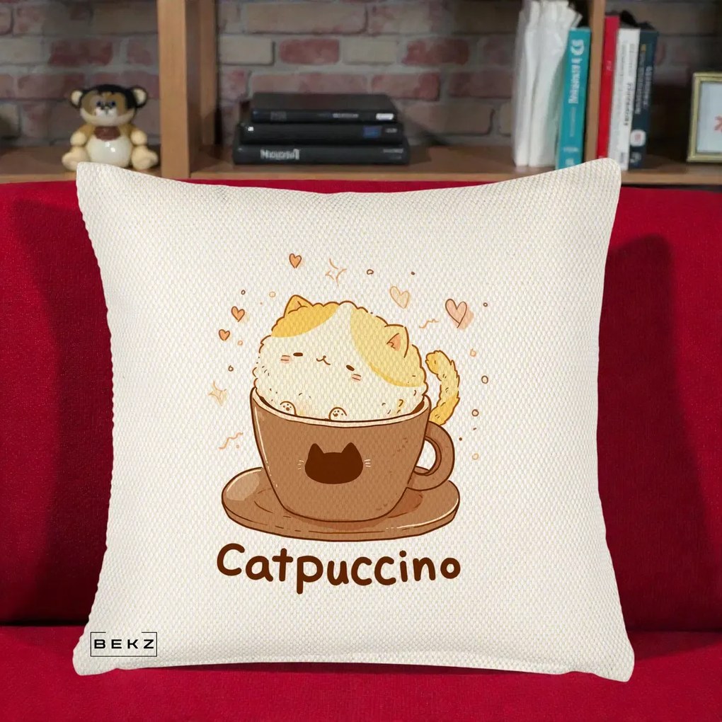 Perna Decorativa Catpuccino Pisica Cappuccino, 40x40 cm, Crem Reliefat, Husa Detasabila, Perna Inclusa, BEKZ®