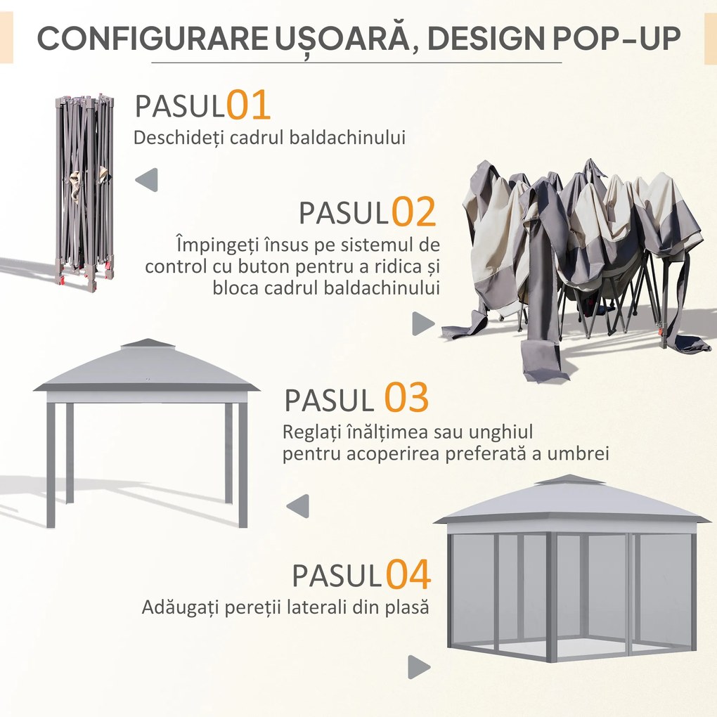 Outsunny Foișor Pliabil cu Plasă de Țânțari, Baldachin Dublu, Înălțime Reglabilă și Geantă, 330x330x288 cm, Bej | Aosom Romania