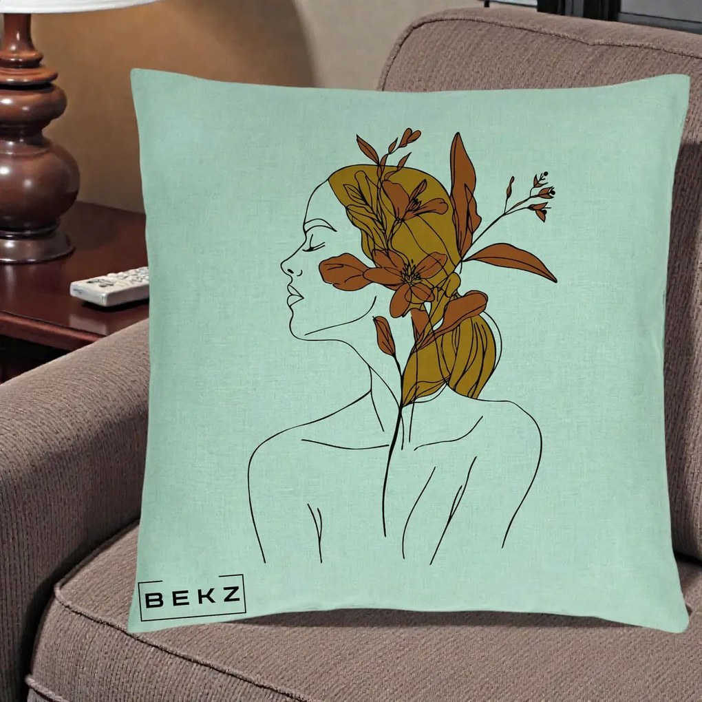 Perna Decorativa Portret Feminin Crin Ruginiu Auriu, 40x40 cm, Verde Menta, Husa Detasabila, Perna Inclusa, BEKZ®