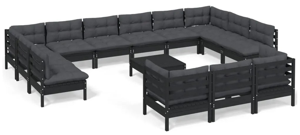 Set mobilier grădină cu perne, 14 piese, negru, lemn de pin