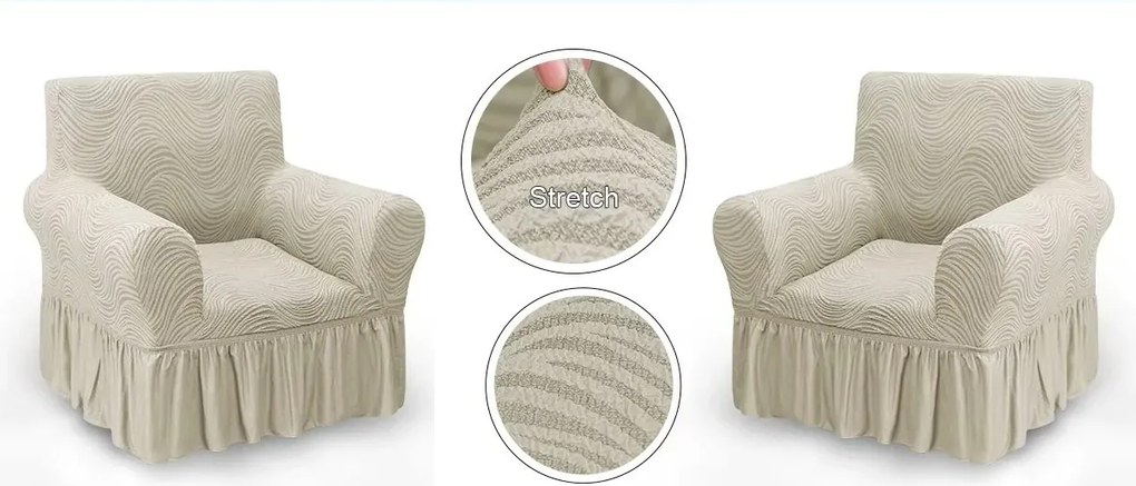 Set 2 Huse elastice pentru fotolii, cu volanas si model Jacquard Bej deschis in dungi