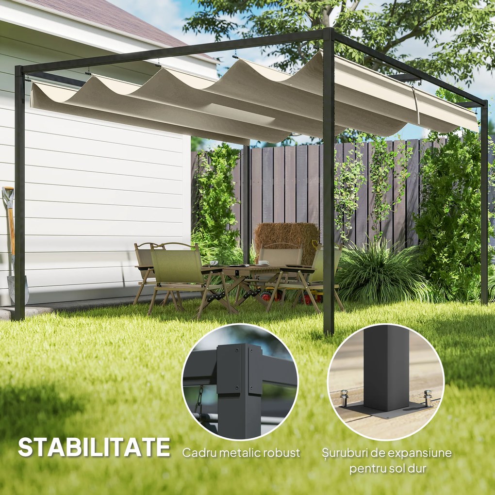 Outsunny Pergolă Gazebo 3x2 m cu Acoperiș Retractabil, Orificii de Drenaj, Țăruși și Șuruburi, Pergolă din Metal și Poliester pentru Exterior, Crem | Aosom Romania