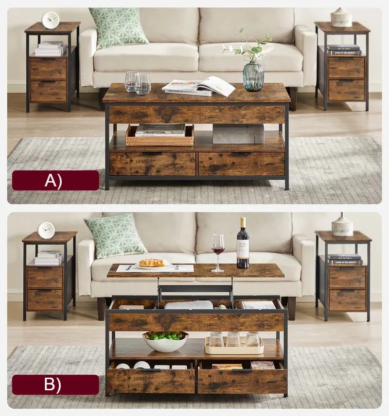 Masă de cafea reglabilă pe înălțime GASPAR, 50x100x(48-63)cm, maro/negru Vasagle