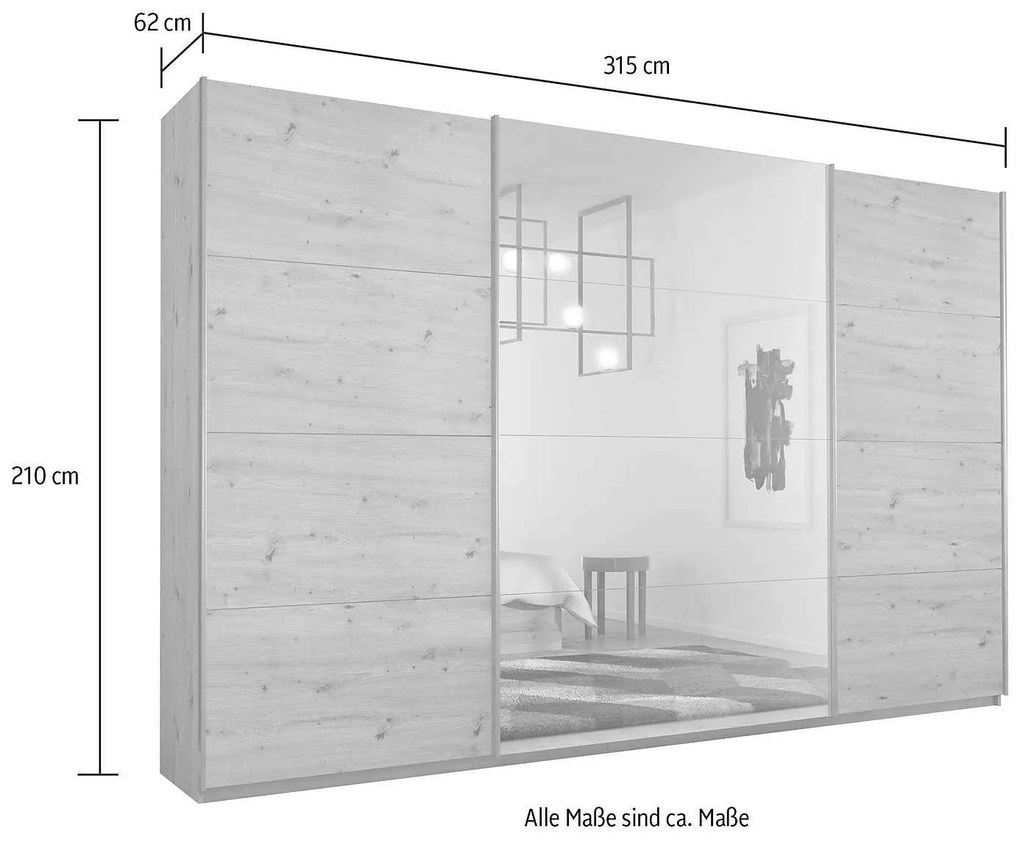 Dressing 315 cm lățime, 3 uși glisante, oglindă pe mijloc, culoare albă, compartimentare premium, 210 cm înălțime