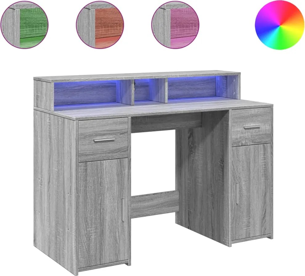 vidaXL Birou cu lumini LED, gri sonoma, 120x55x91 cm, lemn prelucrat