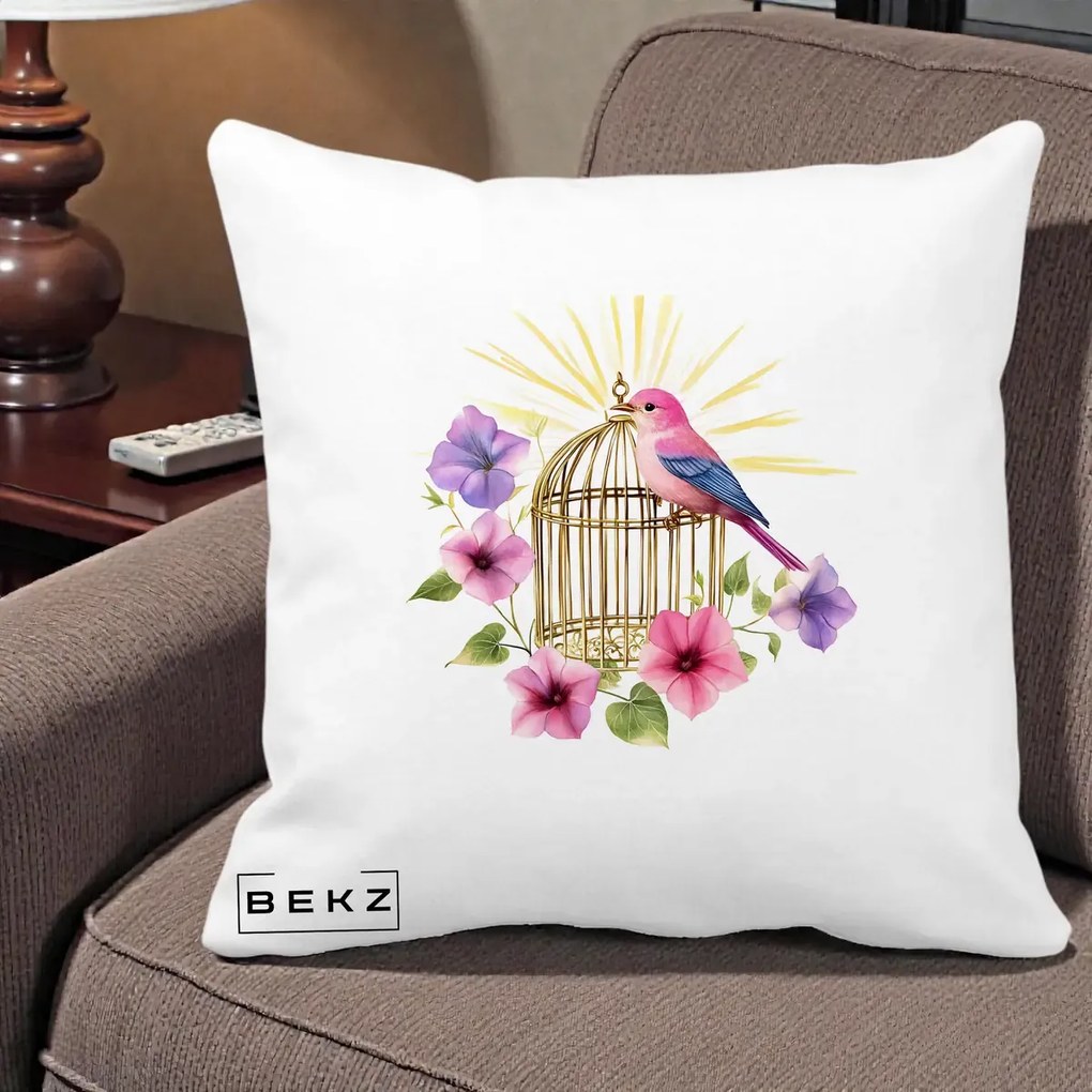 Perna Decorativa Pasare Roz pe Colivie Aurie cu Flori, 40x40 cm, Alba Mata, Husa Detasabila, Perna Inclusa, BEKZ®