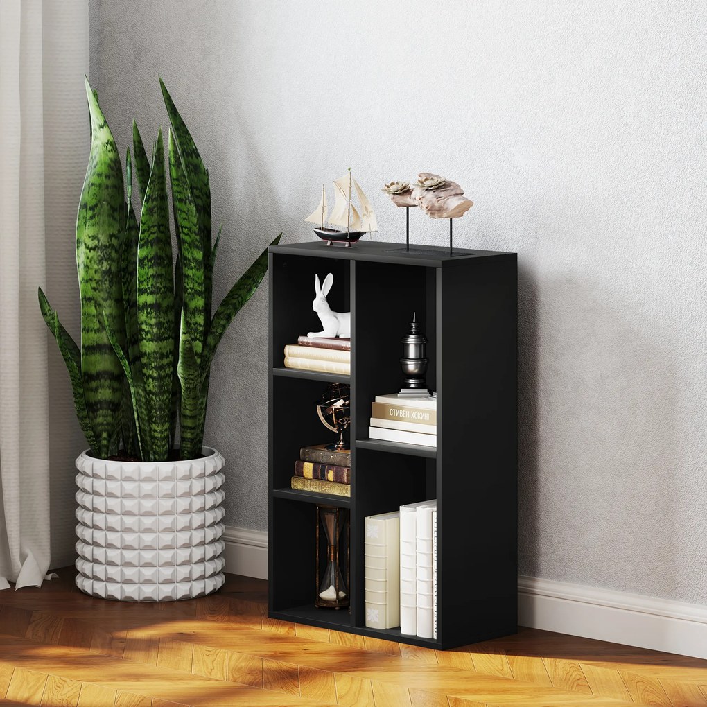 HOMCOM Bibliotecă raft de depozitare 2 niveluri cu 5 compartimente, pentru sufragerie dormitor birou, 50x24x80cm, negru | Aosom Romania