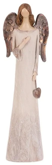 Înger din poliresină cu inimă, 20 cm, bej-măduvă