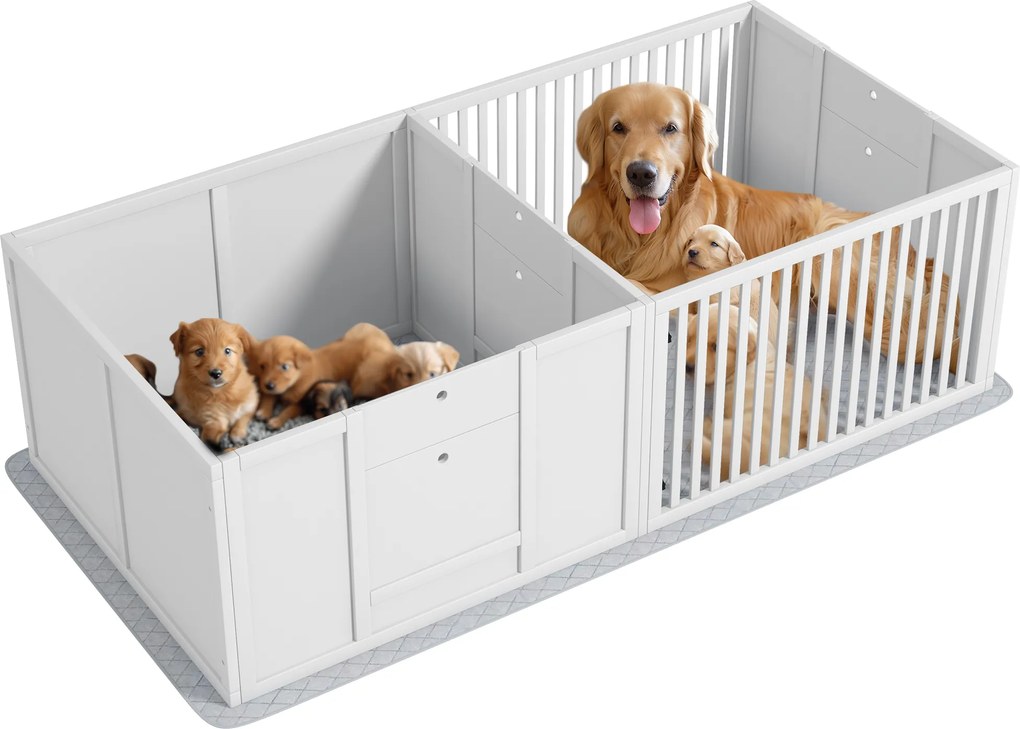 PawHut Wurfbox pentru cățeluși, cu covoraș, ușor de curățat, lemn, 166x80x50 cm, Alb | Aosom Romania