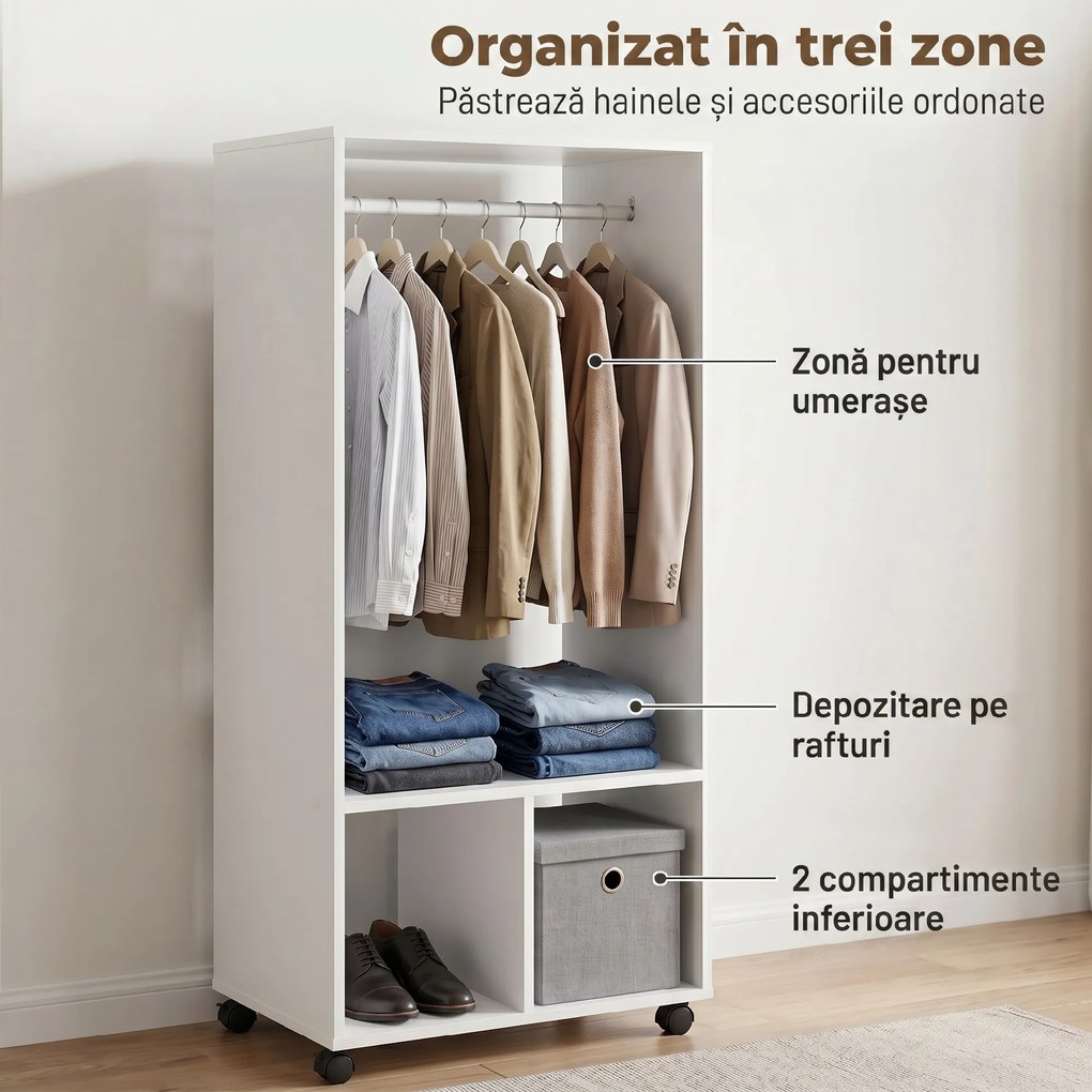 HOMCOM Cuier cu Bară din Aluminiu și 2 Rafturi Deschise, 60x40x128 cm, Alb | Aosom Romania