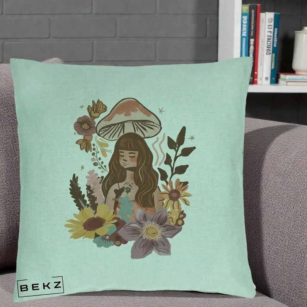 Perna Decorativa Fata Ciuperca Boho Florala, 40x40 cm, Verde Menta, Husa Detasabila, Perna Inclusa, BEKZ®