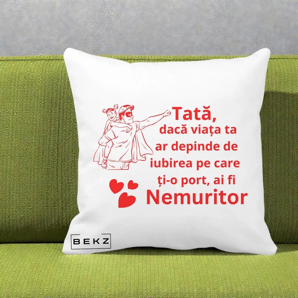 Cadou pentru Tata - Perna Personalizata Tata Nemuritor cu Fetita, 40x40 cm, Alba Mata, Husa Detasabila, Perna Inclusa, BEKZ®