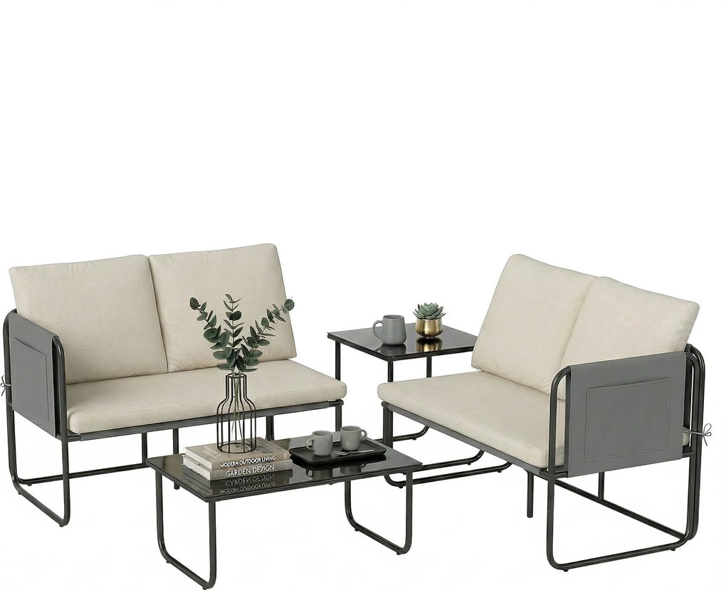 Outsunny Set Mobilier Grădină Exterior 4 Piese cu 2 Canapele 2 Locuri 2 Mese din Sticlă Perne Huse Detașabile și Buzunare Kaki | Aosom Romania