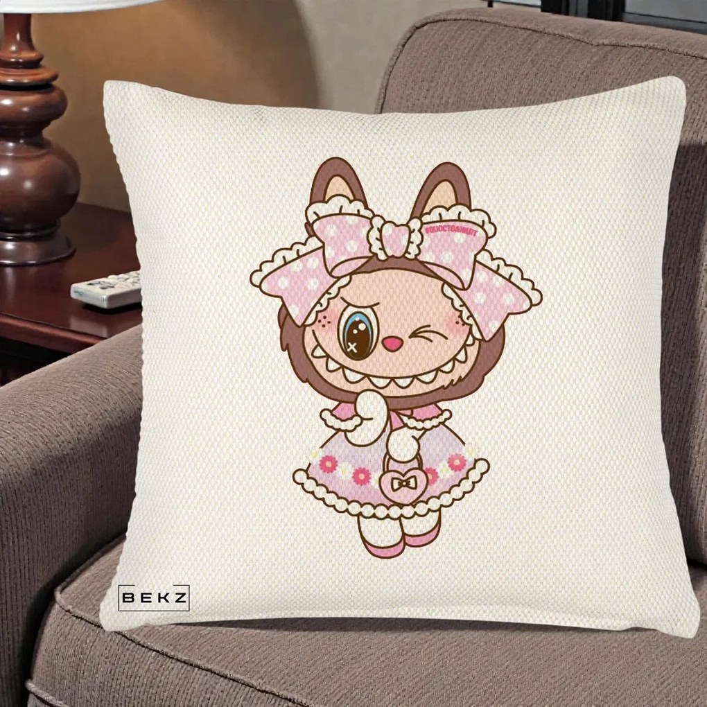 Perna Personalizata Labubu Lolita Roz cu Dantela, 40x40 cm, Crem Reliefat, Husa Detasabila, Perna Inclusa, BEKZ®