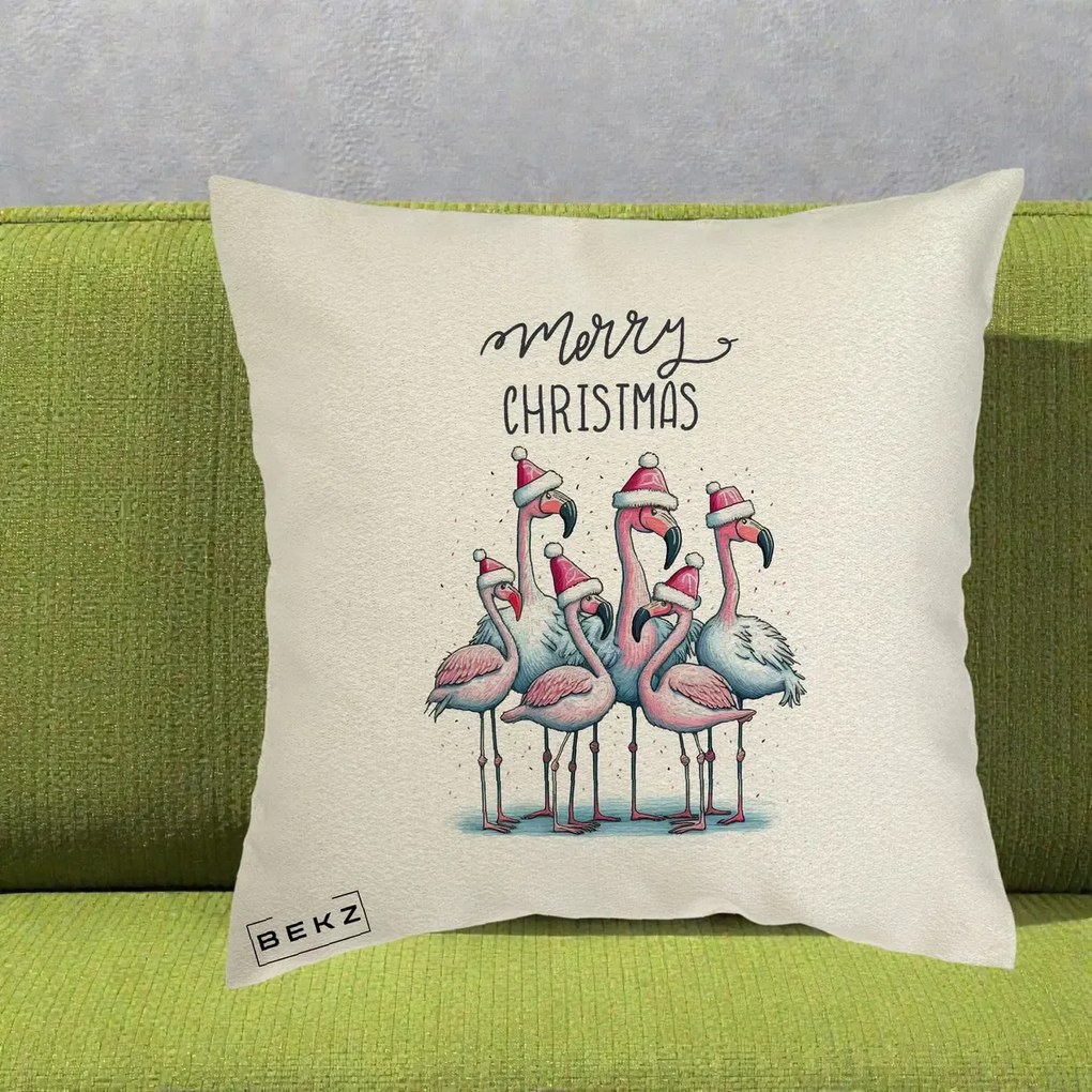 Perna Decorativa Flamingo Merry Christmas, 40x40 cm, Ecru, Husa Detasabila, Perna Inclusa, BEKZ®