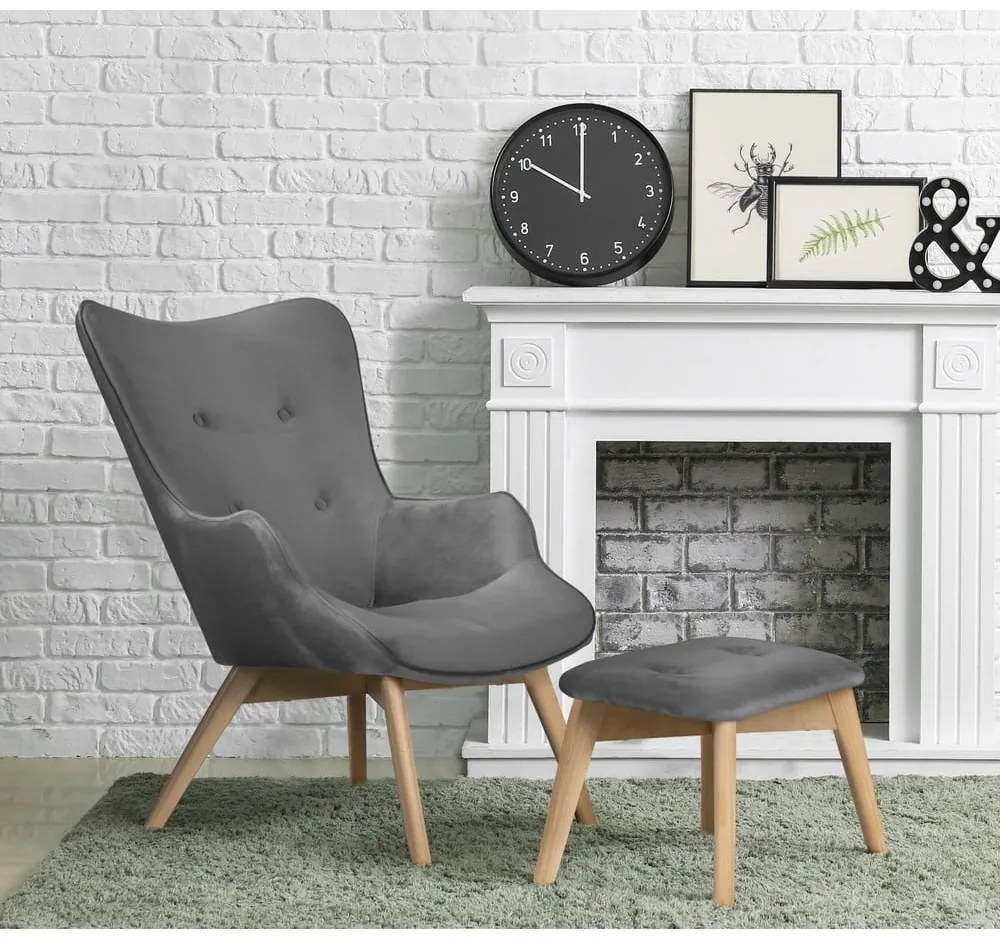 Fotoliu cu taburet gri cu tapițerie din catifea Niko – Ropez