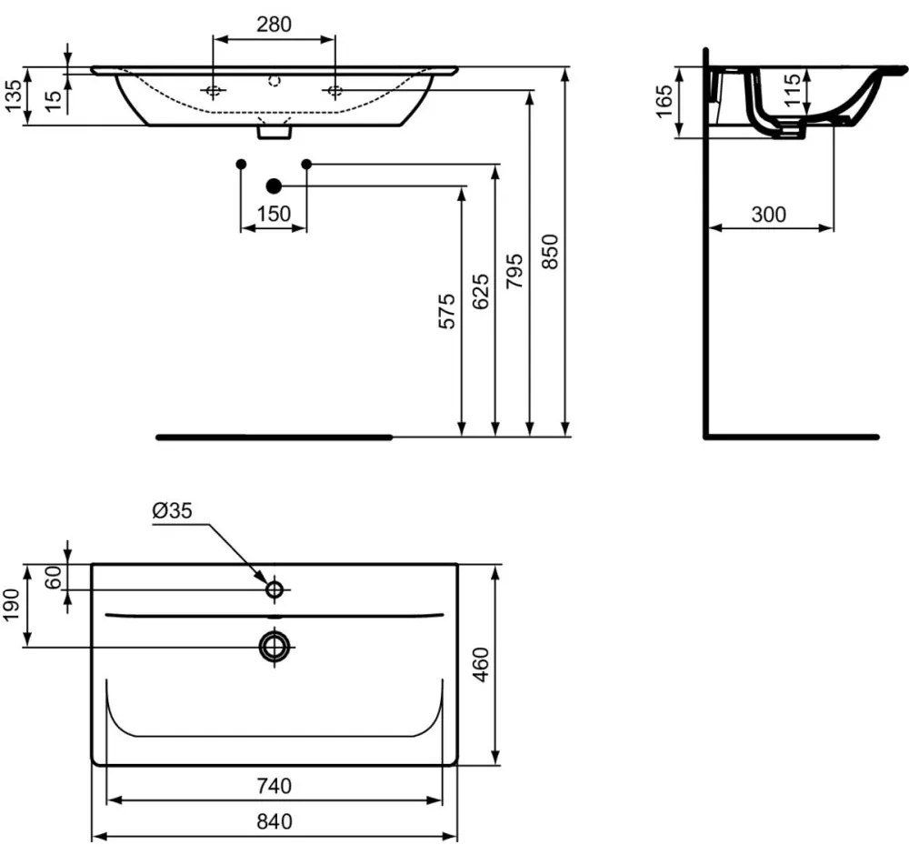 Lavoar incastrat alb 84 cm, dreptunghiular, Ideal Standard Connect Air Alb lucios, 840x460 mm