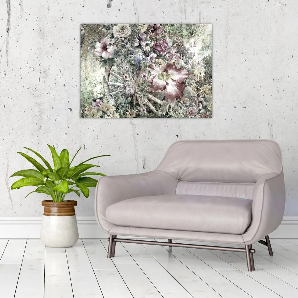 Tablou pe sticlă - Flori pe roata de lemn (70x50 cm)