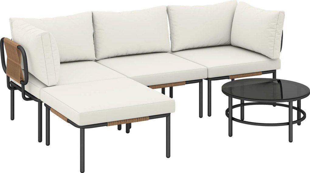 Outsunny Set Grădină, 5 Piese, Rattan Modular în L cu Perne, Culoare Bej | Aosom Romania