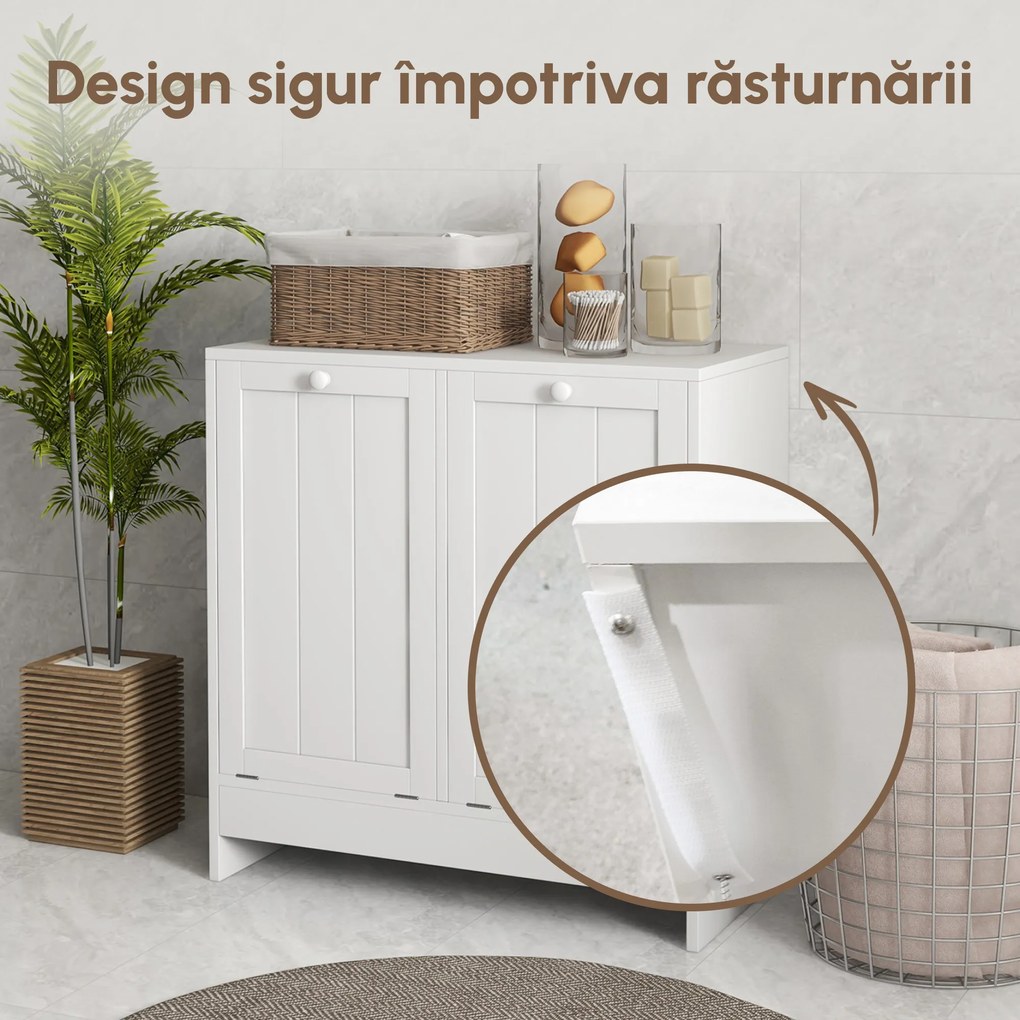 Kleankin Dulap de spalat, Dulap De Baie Cu 2 Cosuri Rabatabile, Dulap De Depozitare Modern Pentru Spalatorie, Alb