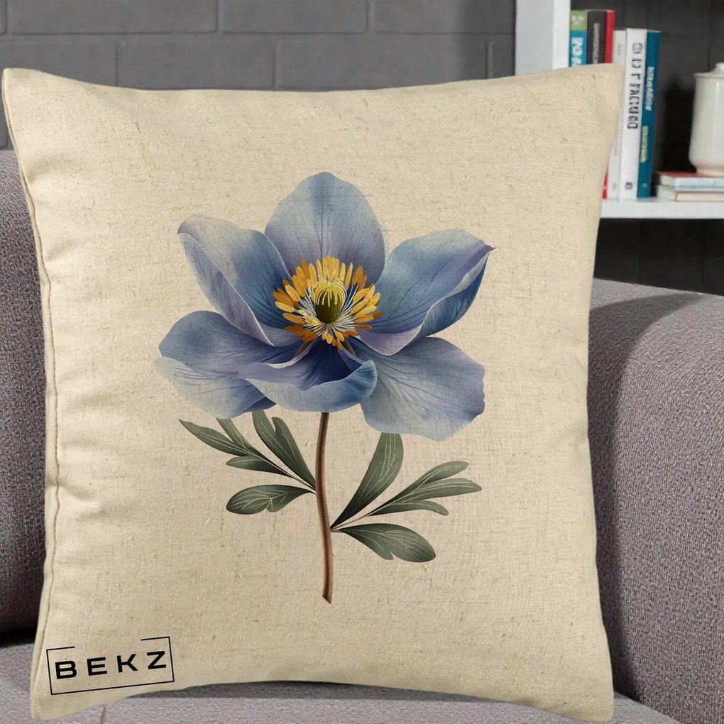 Perna Decorativa Anemona Albastra Botanica, 40x40 cm, Bej, Husa Detasabila, Perna Inclusa, BEKZ®