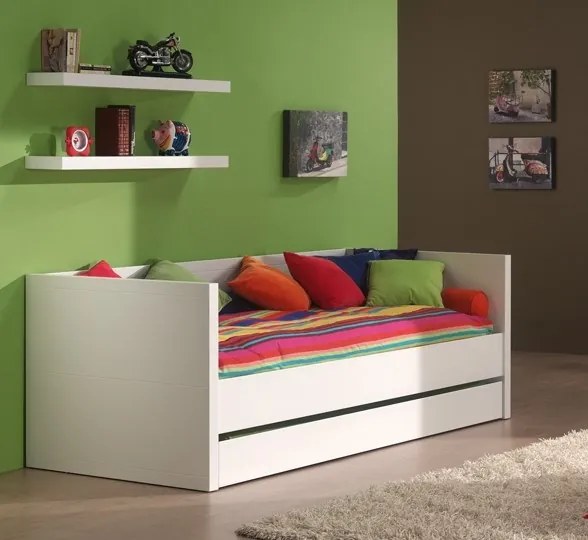 Set Dormitor Lara pentru Copii/Tineri, Alb – Pat Cabină 90x200 cm, Dulap 3 Uși, Sertar Pat și Polițe Perete – Vipack
