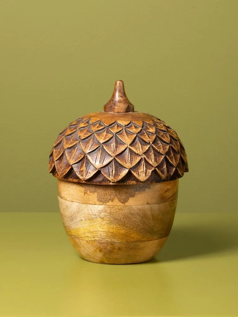 Lumânare decorativă din lemn de mango în formă de ghindă, capac sculptat, finisaj natural, 16,5 x 15 cm, „Chêne”