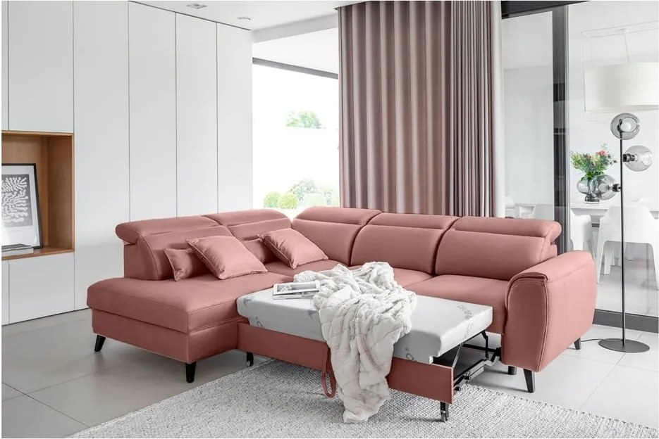 Colțar roz extensibil/cu spațiu de depozitare cu tapițerie din catifea (cu colț pe partea stângă/în formă de ”L”) Noble – ELTAP
