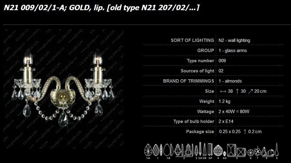 Aplica cristal Bohemia N21 009/02/1-A; GOLD, lip.